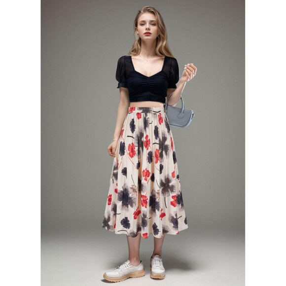 Chic Leopard Print Midi Skirt for Women - High Waisted & Pleated, Plus Size - Picture 5 of 6